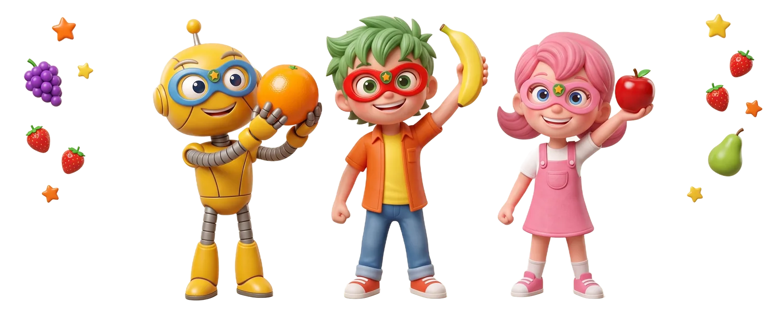 As personagens Heróis da Fruta a celebrar com uma laranja, uma banana e uma maçã